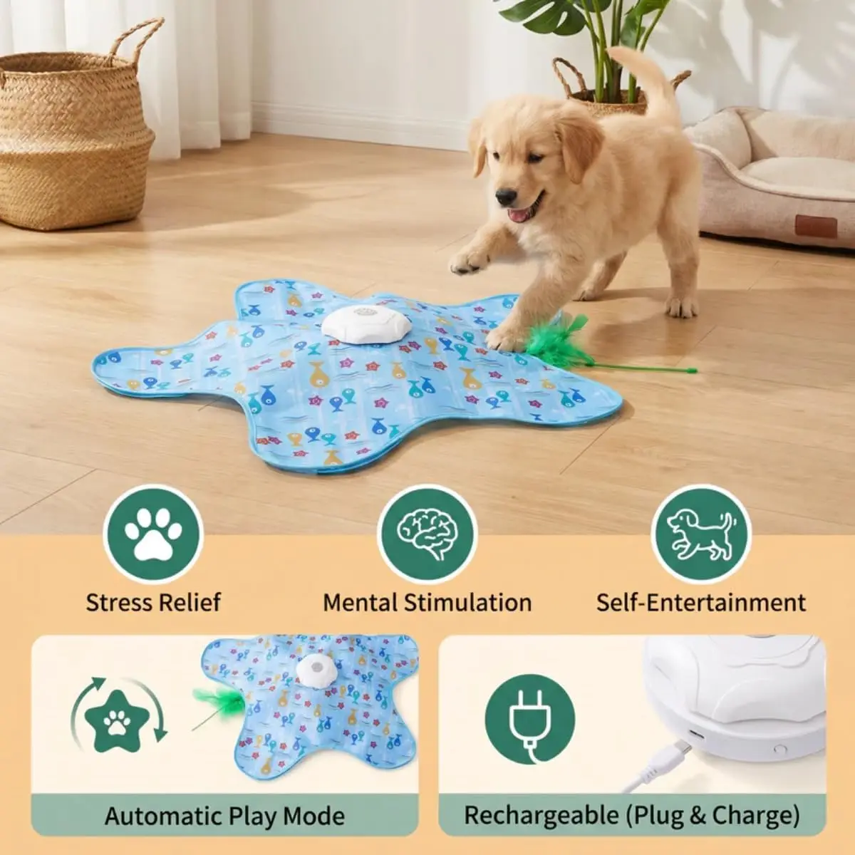 Automatic Hunting Toy for Cats Dogs - Pentagonal Small Fish Style USB Rechargeable 360° Dynamic Movement for Stress Relief