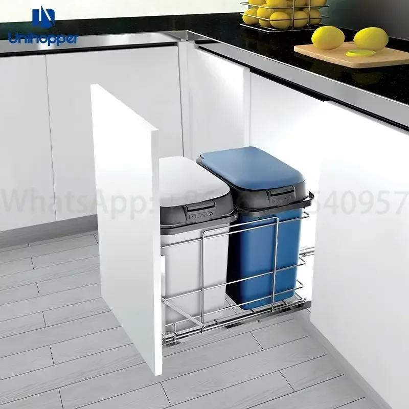 Unihopper Manufacturer Wholesale Soft Close Press Open Garbage Can Sliding Pull Out Kitchen Cabinet Plastic Garbage Trash Bin