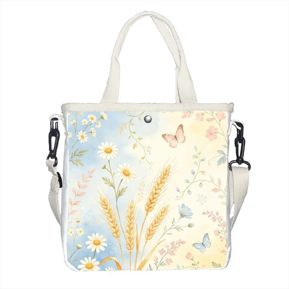 Watercolor Daisy & Wheat Tote Bag, Adjustable Strap Pastel Cottagecore Shoulder Bag