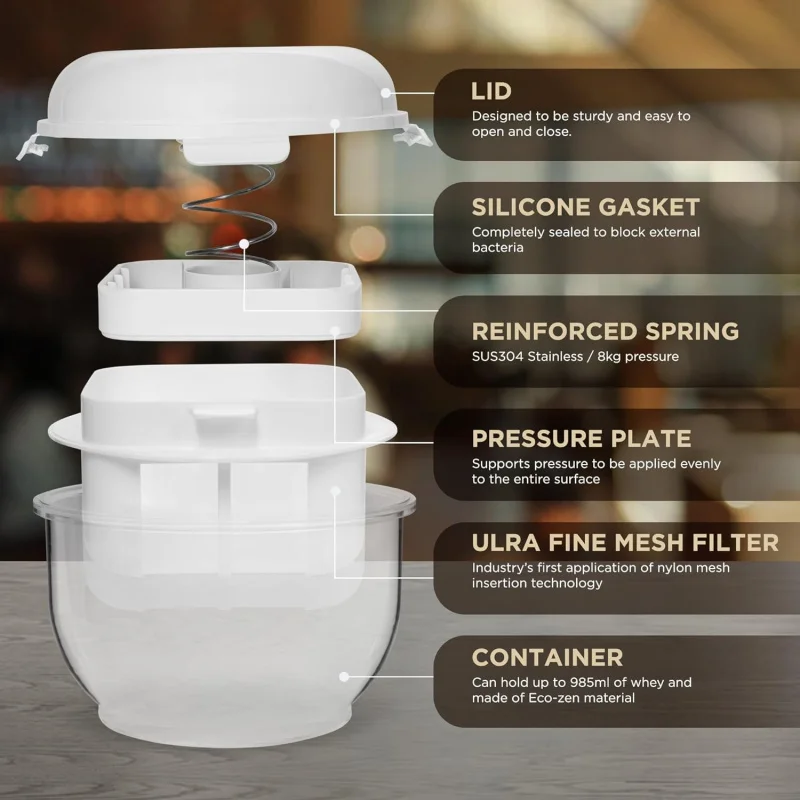 صانع الزبادي اليوناني مع مصفاة شبكية دقيقة ولوحة ضغط قابلة للفصل، مزدوجة كحاوية تخزين بغطاء - مثالية للصنع #2