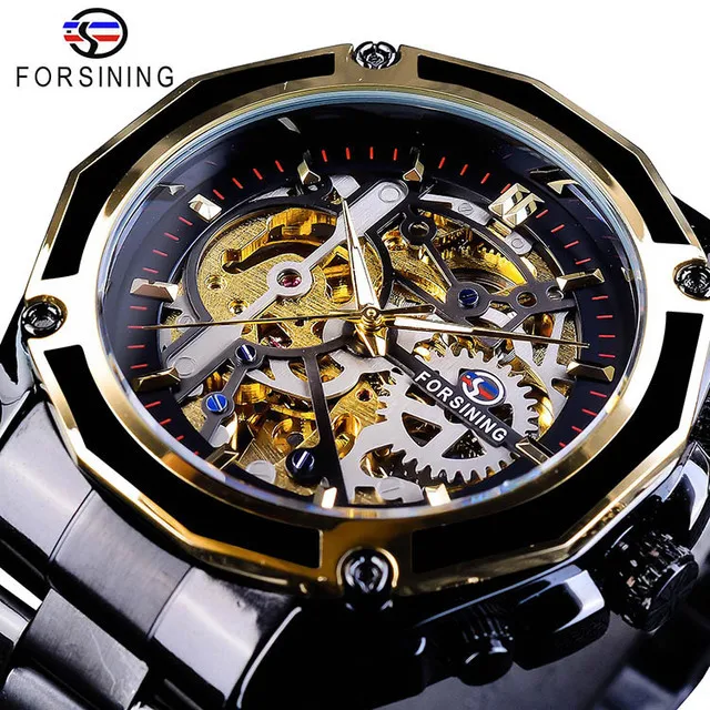 Fashion Forsining Top Brand Men\'s Full Stainless Steel Hollowed Out Luminous Fully Automatic Mechanical Waterproof Wrist Watches