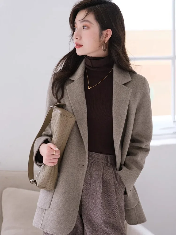 Insozkdg High-end Double-sided Cashmere Coat Women Short Blazer 2024 New Autumn Slim-fit Elegant Woolen Jacket Luxury Lady Tops