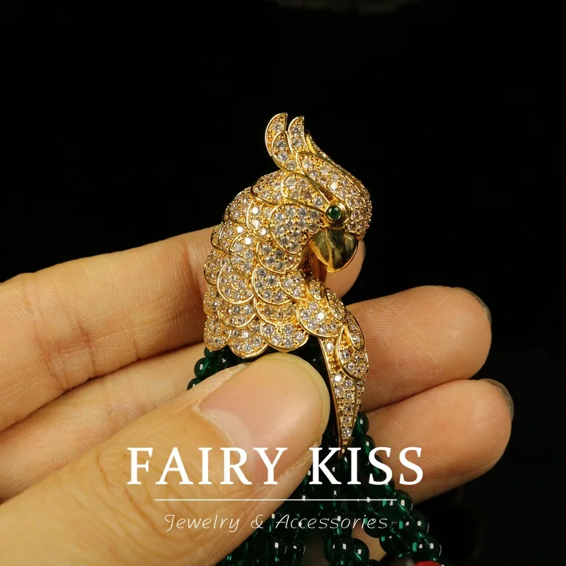 Luxury Full Rhinestone Parrot Tassel Earrings Green Bead Long Drop Earrings Women Wedding Party Jewelry