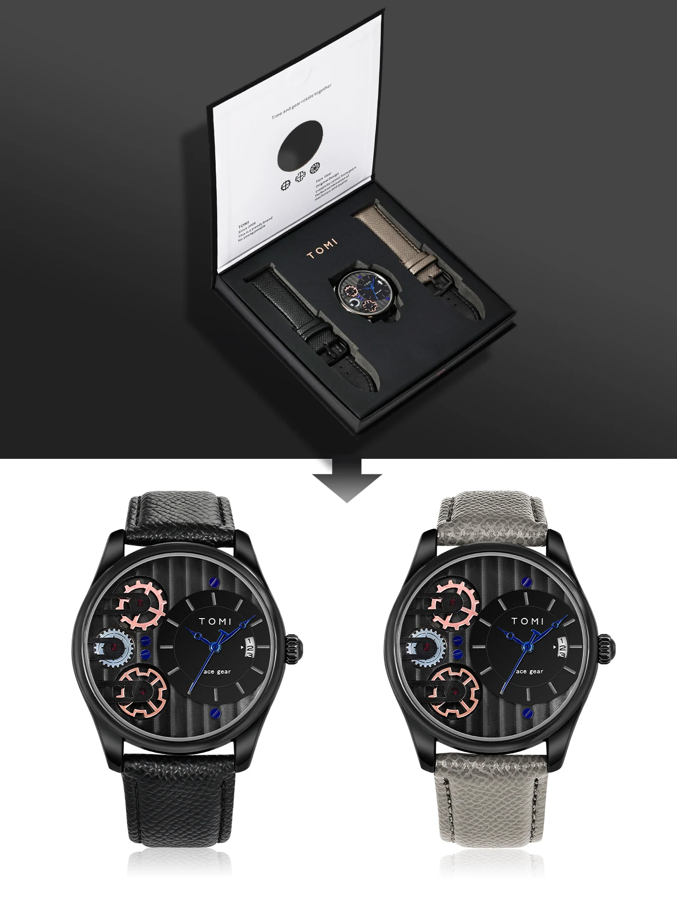 Tomi Herren Geschenk box Kombination Set Uhr Luxus und einfache Business abnehmbare Armband Quarzuhr Herren uhr Festival Geschenk – Detail 11