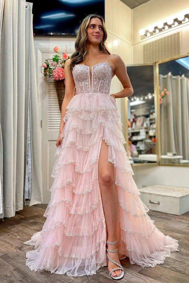 Tulle Spaghetti Straps A-line Prom Dresses Square Collar Appliques Sequins Party Cake Dress Backless High Split Evening Gowns