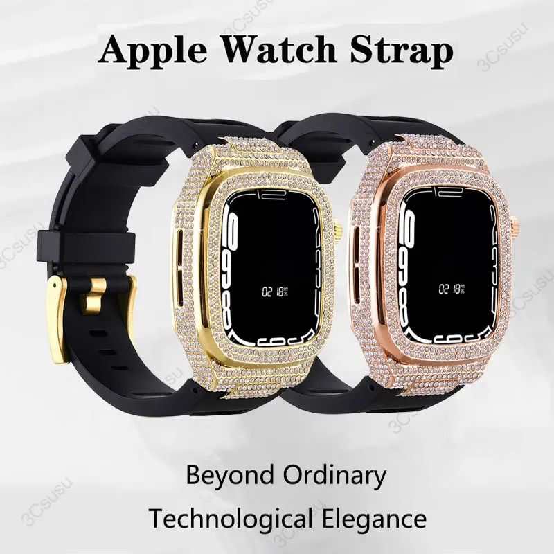 Diamond Case for Apple Watch Band 9 8 7 45mm 6 5 SE 44mm Stainless Steel Case Modification Kit Rubber Strap for IWatch 45mm 44mm