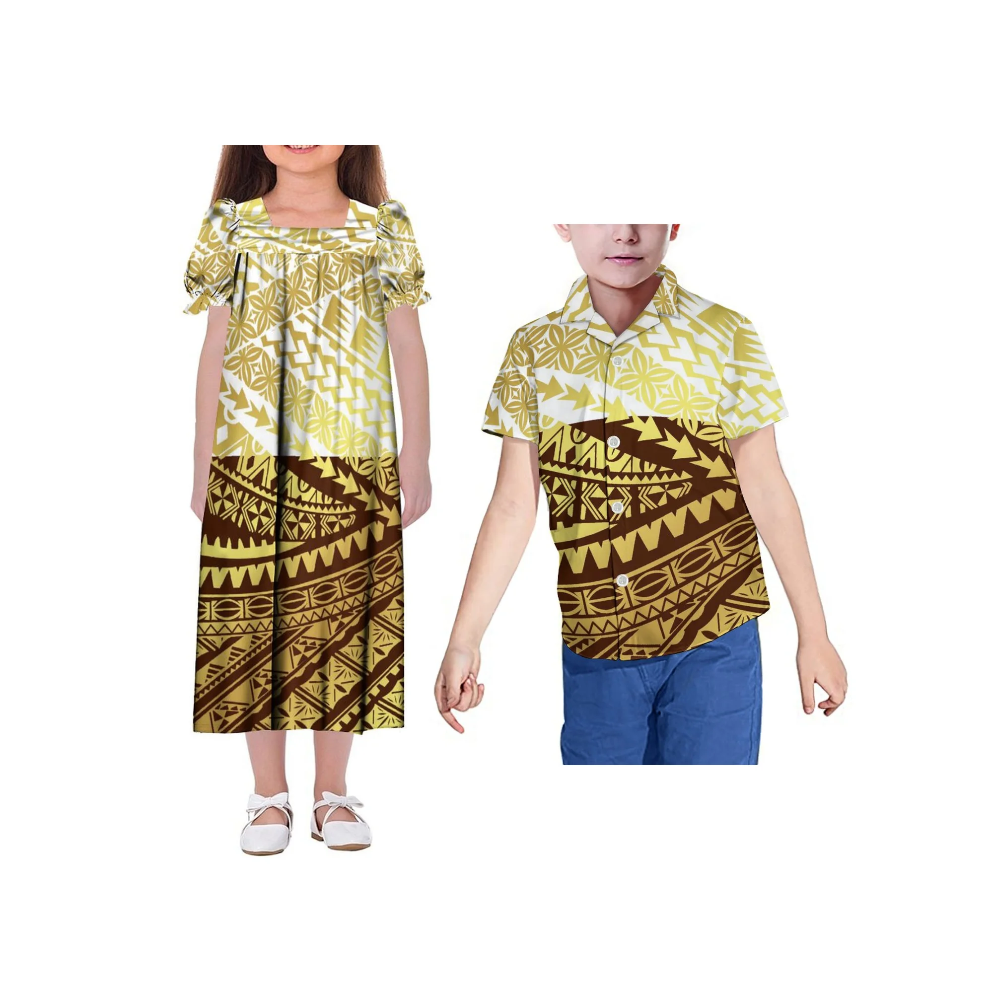 New Design Customized Polynesian Tribal Printed Girls Micronesian Mumu Children Clothing Kids Puff Sleeve Puffy Dress For Girls