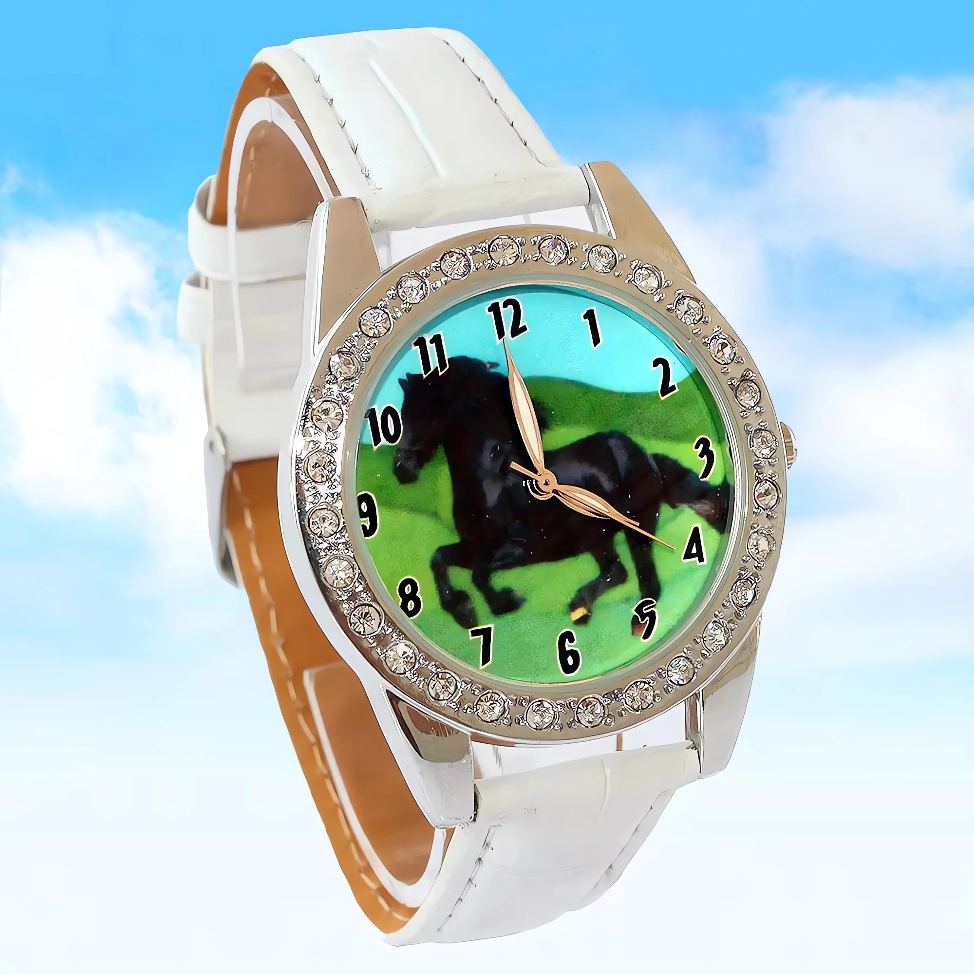 Children's Cartoon Horse Dial Quartz Watch Leather Strap Wristwatch Boys and Girls