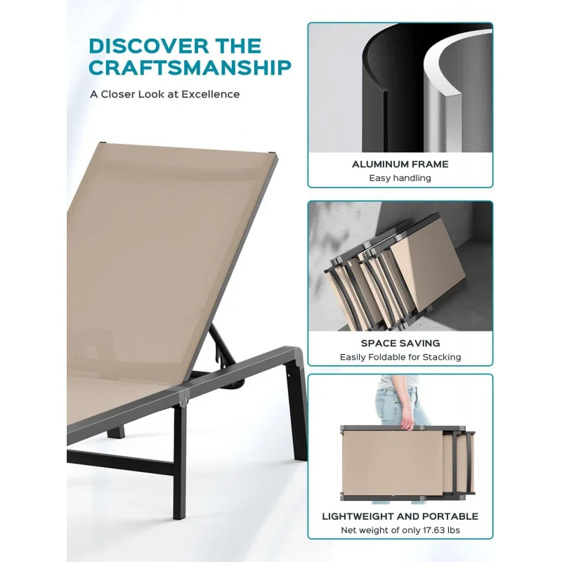 (UUX) كرسي ألومنيوم في الهواء الطلق - كرسي خارجي قابل للطي والتجميع مع 5 مساند ظهر قابلة للتعديل، صالة الفناء UQ
