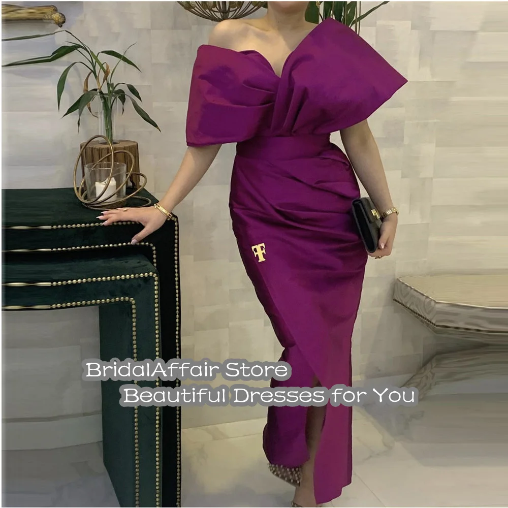 BridalAffair Grape Satin Long Prom Dresses Off the Shoulder Sleeves Front Slit Ankle Length Women Formal Party Evening Gowns