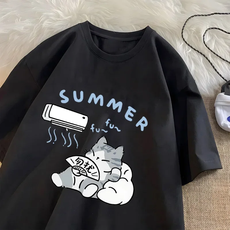 Summer Cat T Shirt for Men Women American Street Creative Funny Air Conditioner Cat T-shirts Cotton O Neck Tee Shirt Streetwear