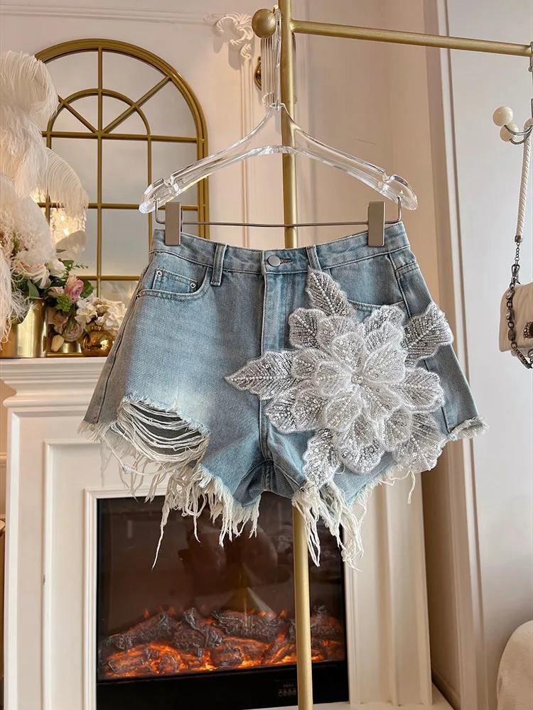 2025 Summer New Diamond Inlaid High Waist Skinny Denim Shorts Personalized Tassel Spicy Girl Wide Leg Short Pants