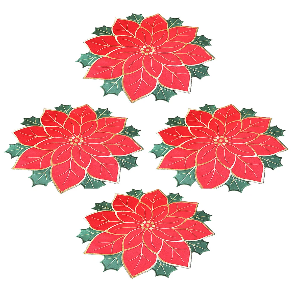 

4Pcs Stylish Christmas Table Mats Insulated Placemat Set Embroidered Holiday Design Reusable Dinner Table Decoration