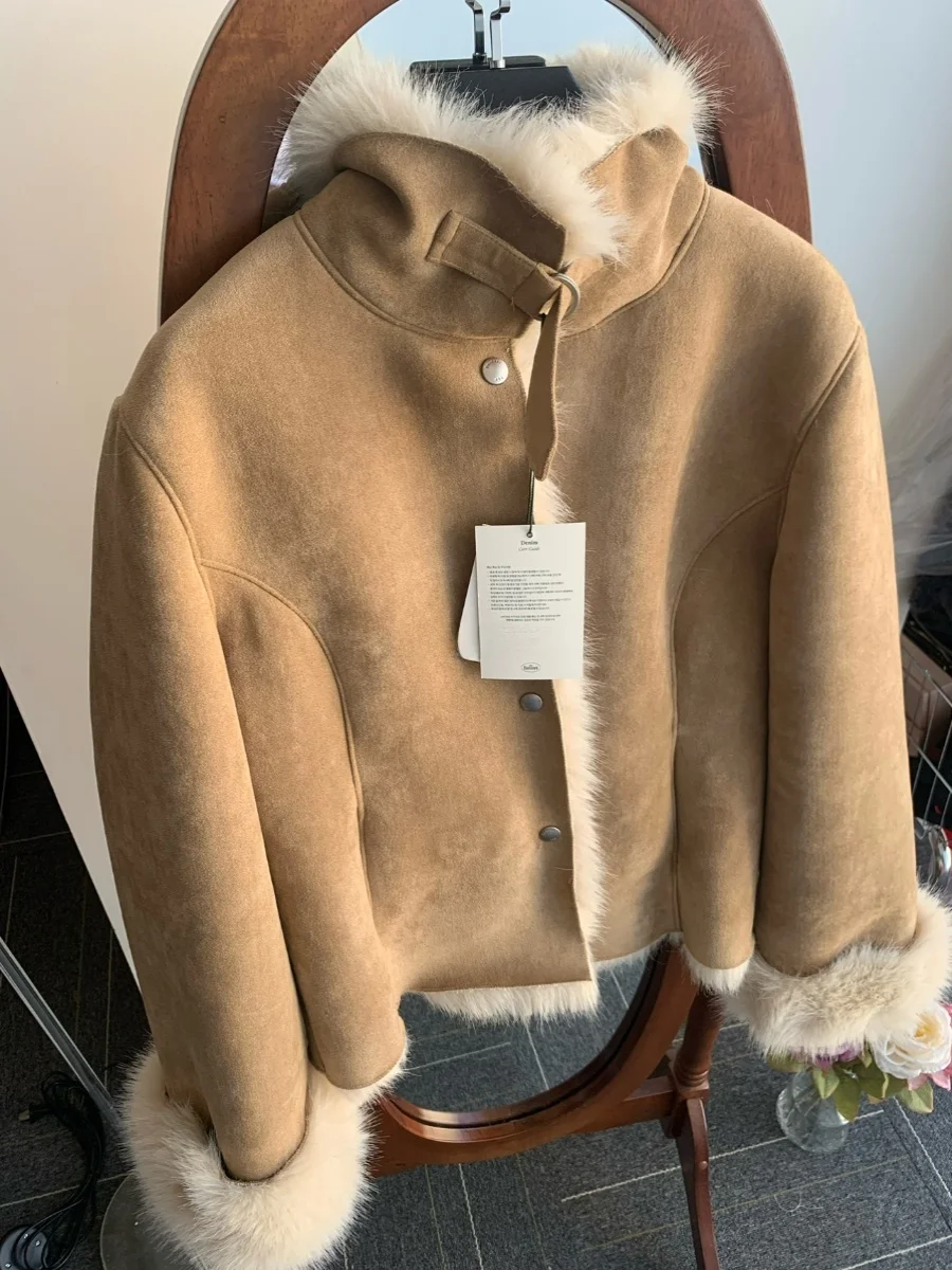 밀레니엄 레트로 스탠드 칼라 인조 가죽 퍼 일체형 바른 스타일 숏 코트 여성 패션 두꺼운 긴팔 슬림핏