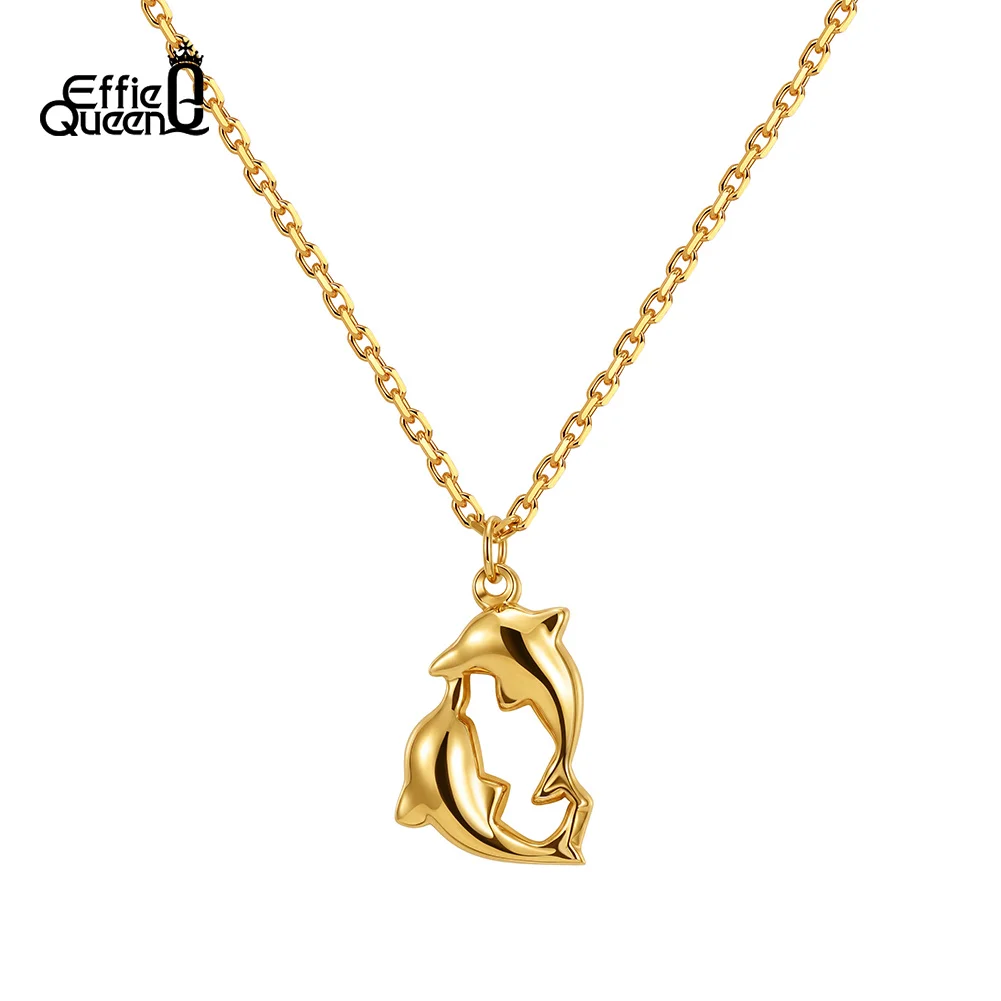 EFFIE QUEEN 18K Gold Plated Two Whale Pendant Necklace Stainless Steel Fish Clavicle Chain Cute Daily Lucky Jewelry Gift STKN43