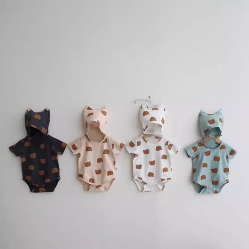 

Summer Cotton Baby Clothes Newborn Jumpsuit Boys Romper Cartoon Bear Printed with Hat First Communion Clothes for Girls HY07091