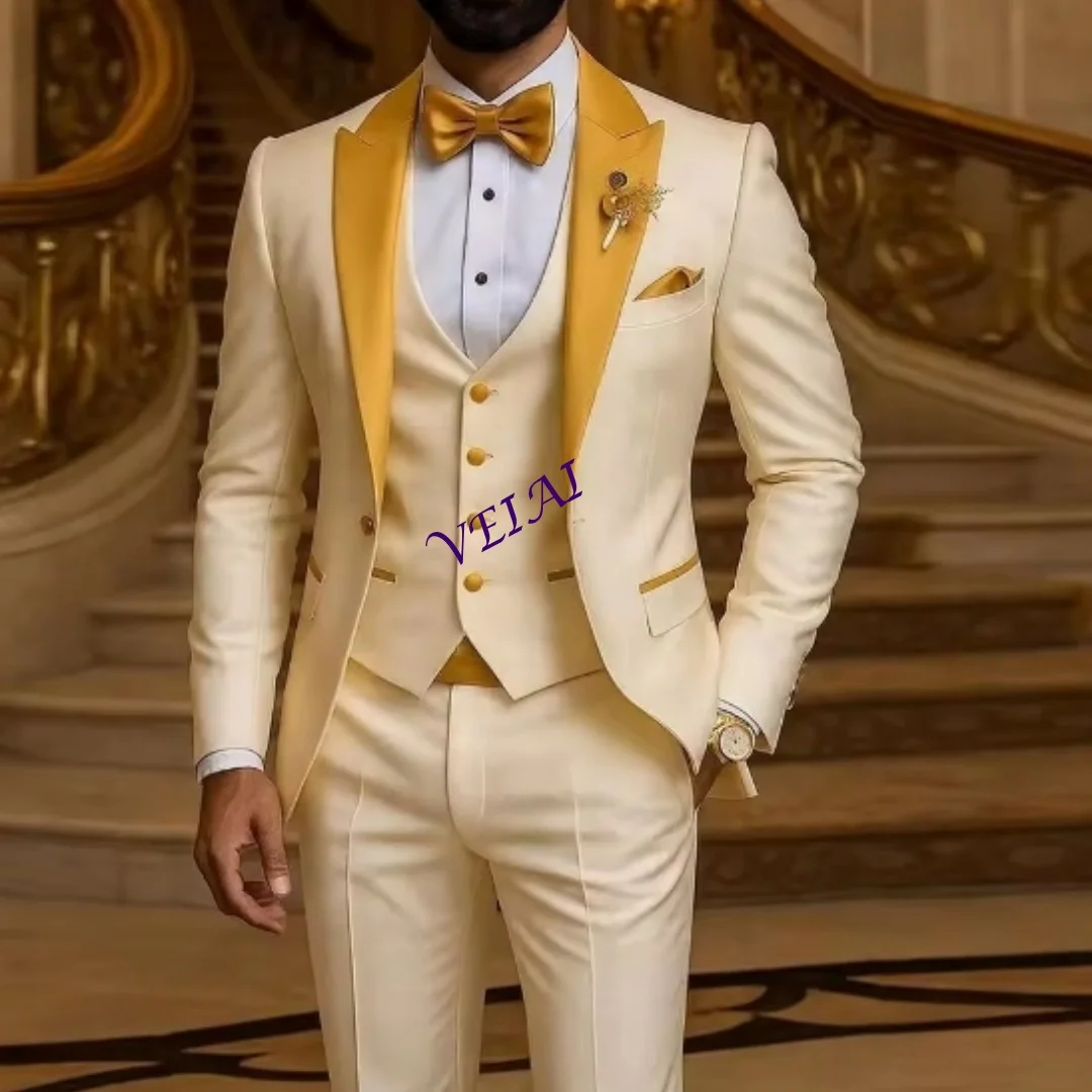 CustomizedGold Collar Ivory Men Suit Wedding Party Formal Groom Groomsman Prom Business Male Tuxedos 3 Piece Set Jacket Vest Pan