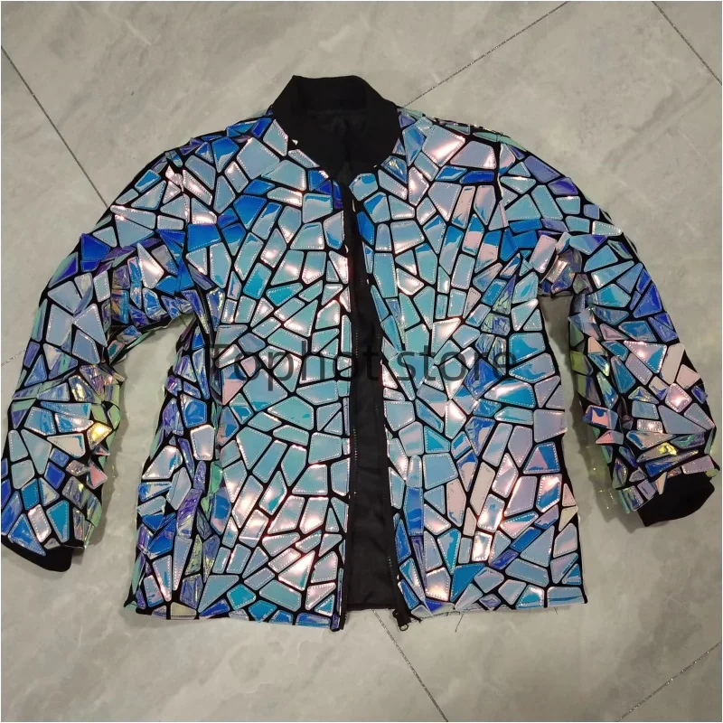 Silver Mirror Jacket Casual Sequins Coat Male Singer Star Stage Performance Costume Long Sleeve Slim