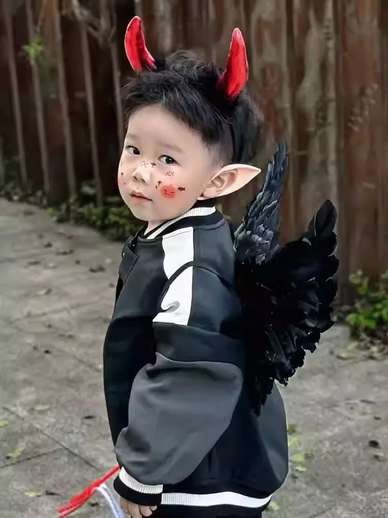 Devil Costume for Kids 4pcs Accessories Set Red Horns Headband Balck Angle Wing Elf Ears Cosplay Dress Up Kit for Boys Girls