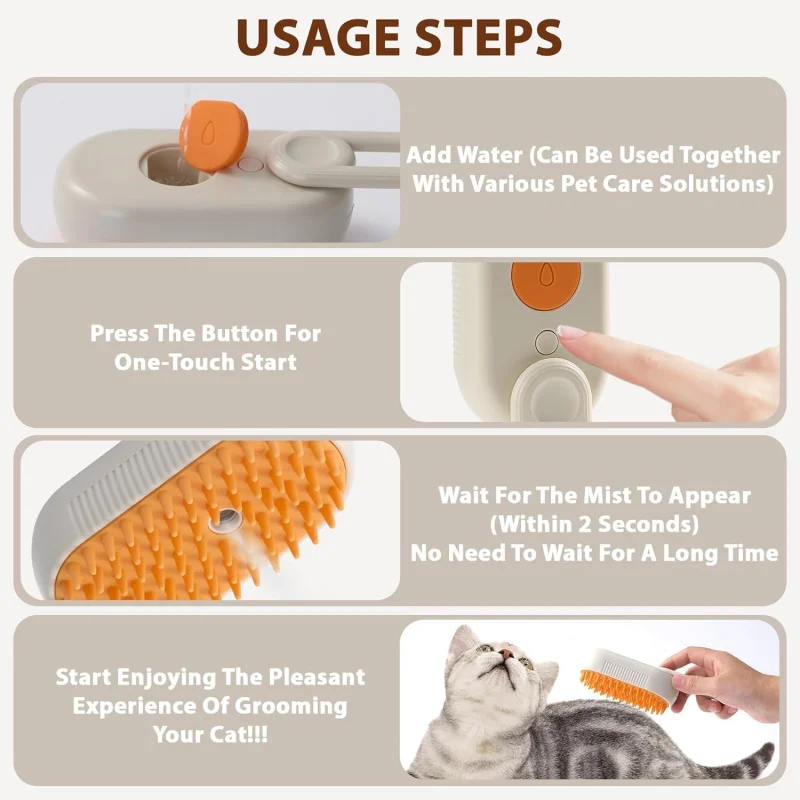 2-in-1Cat Brush with Water Spray And Steam Massage Professional Deshedding Comb for Loose Hair Removal No-Bath Grooming Tool Kit