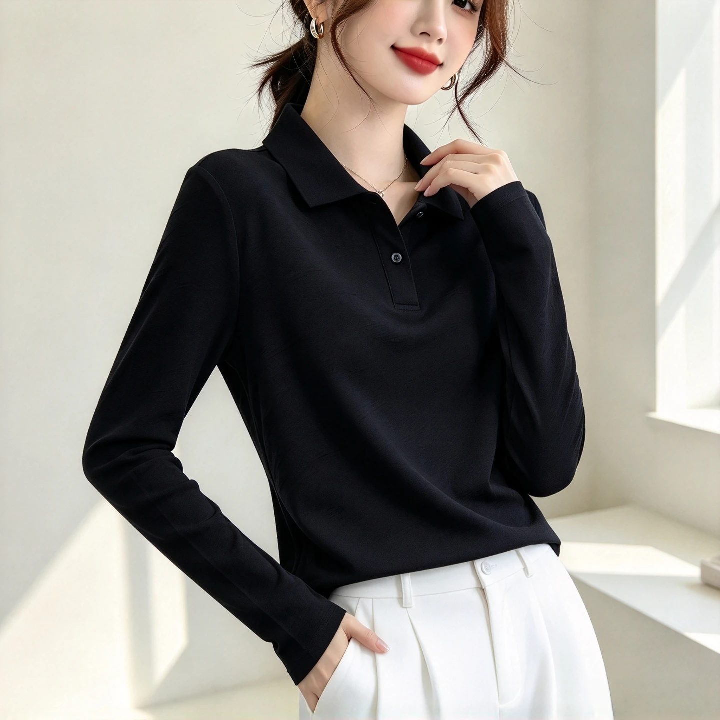 Elegant Long Sleeve  Collar T-Shirt Women's Spring Autumn Office Slimming Commute Base Shirt Trendy Shoulder Level Top