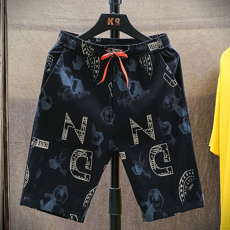 Shorts estampados com elástico solto na cintura masculino, shorts assimétrico extragrande, bandagem para camisas, moda casual, novo, verão, 2023