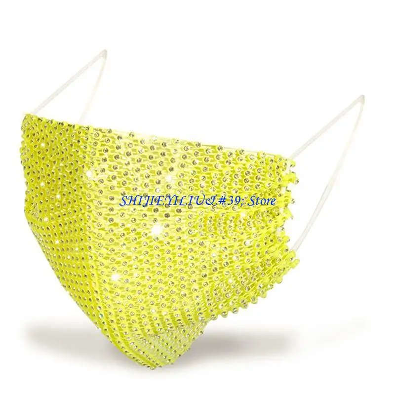 e21f-女性ネオンキャンディーカラーメッシュフェイスマスク光沢のあるクリスタルラインストーンチェーンナイトクラブパーティージュエリーイヤーループ口カバー