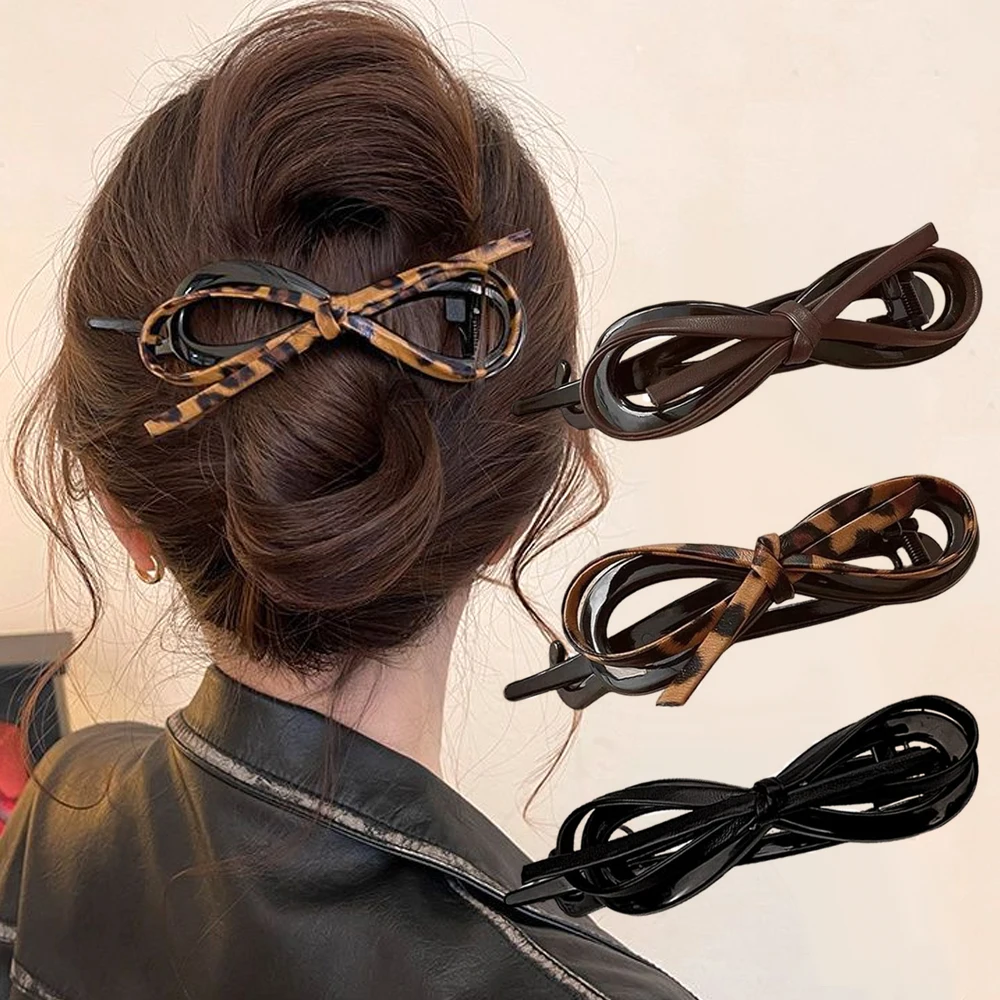 Pinces à cheveux en cuir avec nœud imprimé léopard, Barrettes torsadées en forme de nœud papillon pour support queue de cheval, couvre-chef quotidien pour femmes et filles