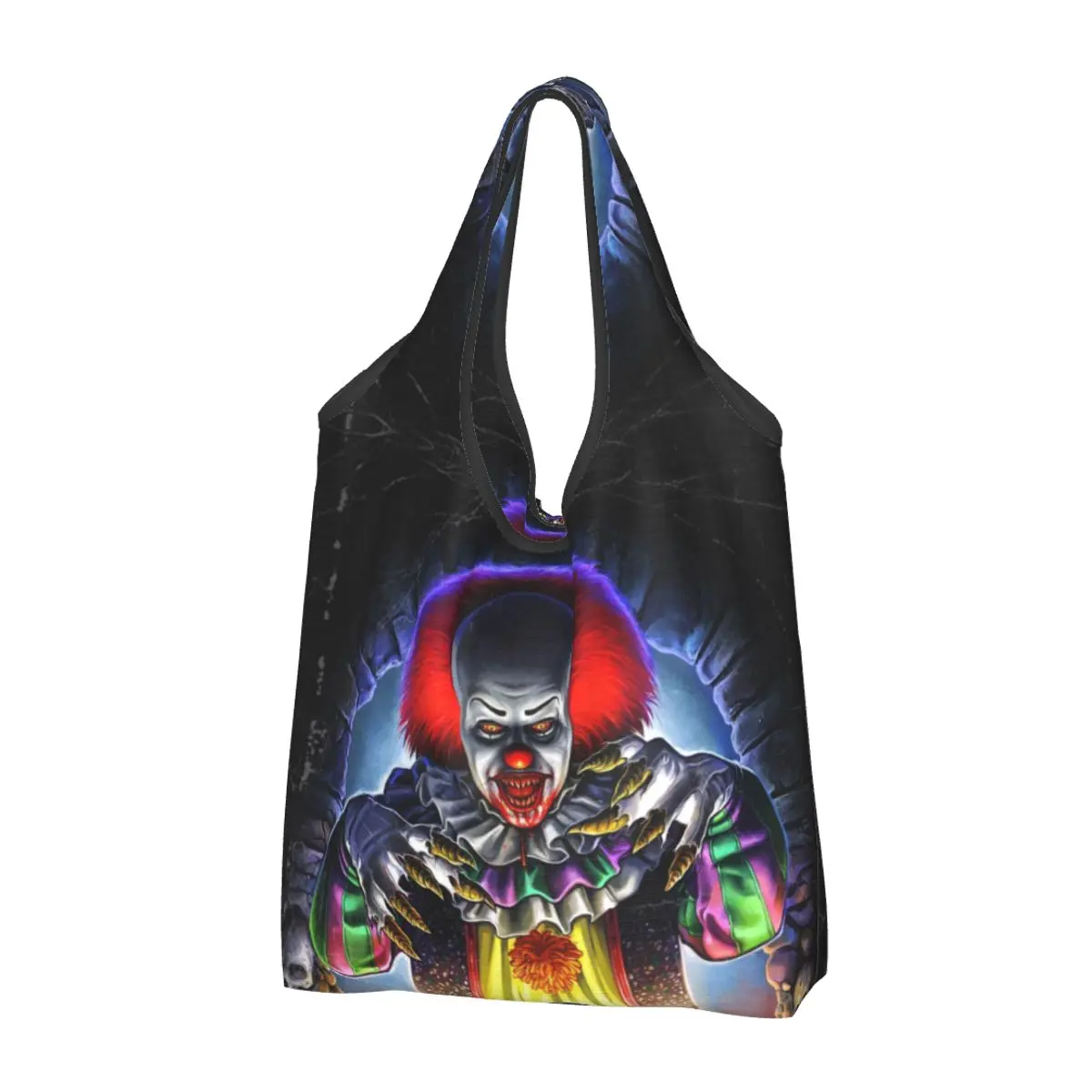 Custom Halloween Evil Clown Shopping Bags Women Portable Big Capacity Groceries Horror Movie Character Shopper Tote Bags