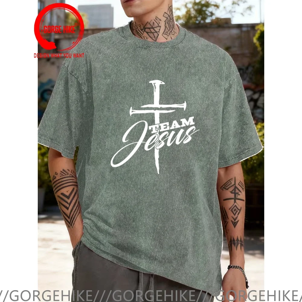 Vintage Washed Cotton T-Shirt Funny Designer Jesus Team Jesus Cross T Shirt Men Fashion Trendy Casual Clothing Stylish Tops Tees