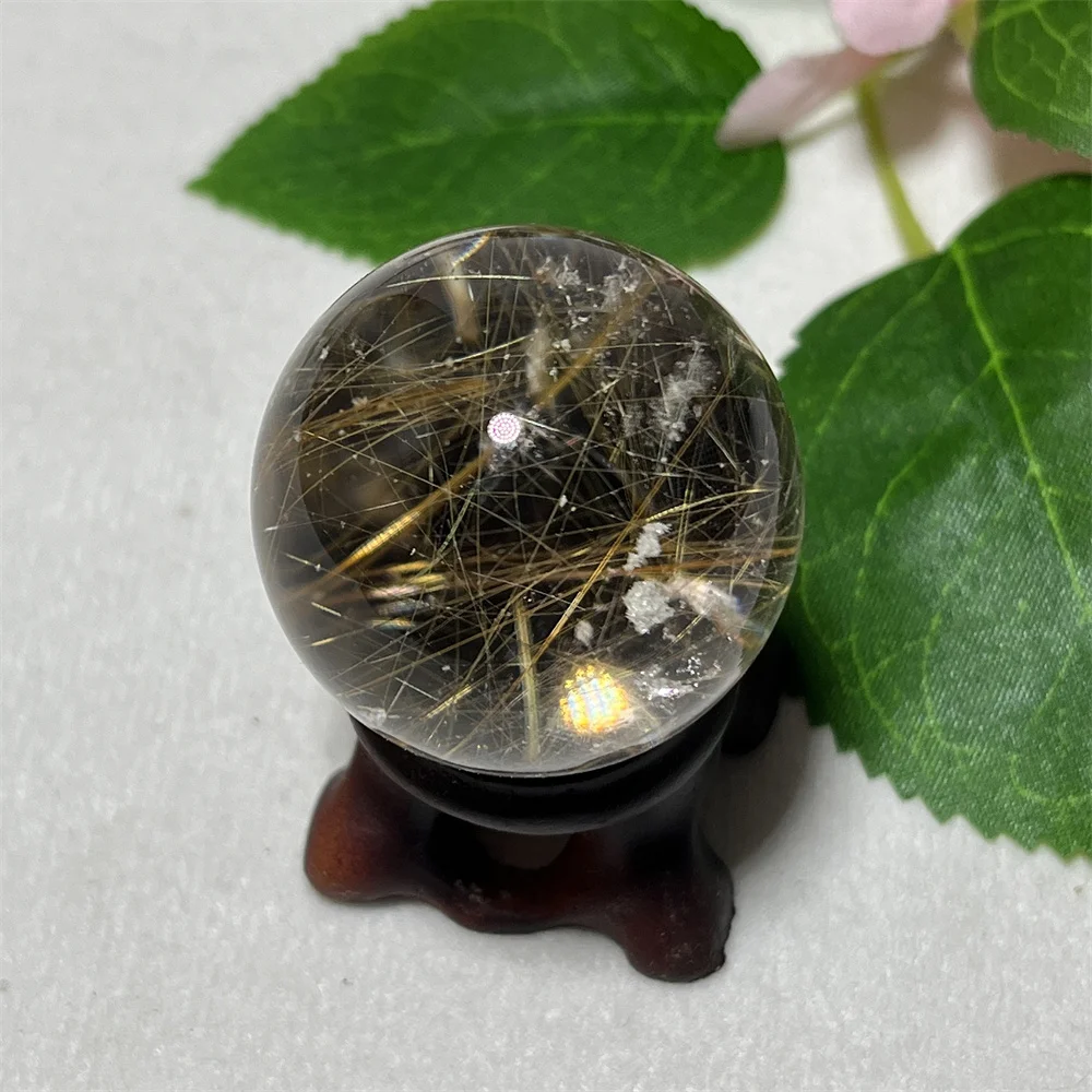 

Gold Hair Sphere Crystal Natural Stone Quartz Specimen Feng shui Meditation Healing Minerals Geode Energy Home Decorations+Stand