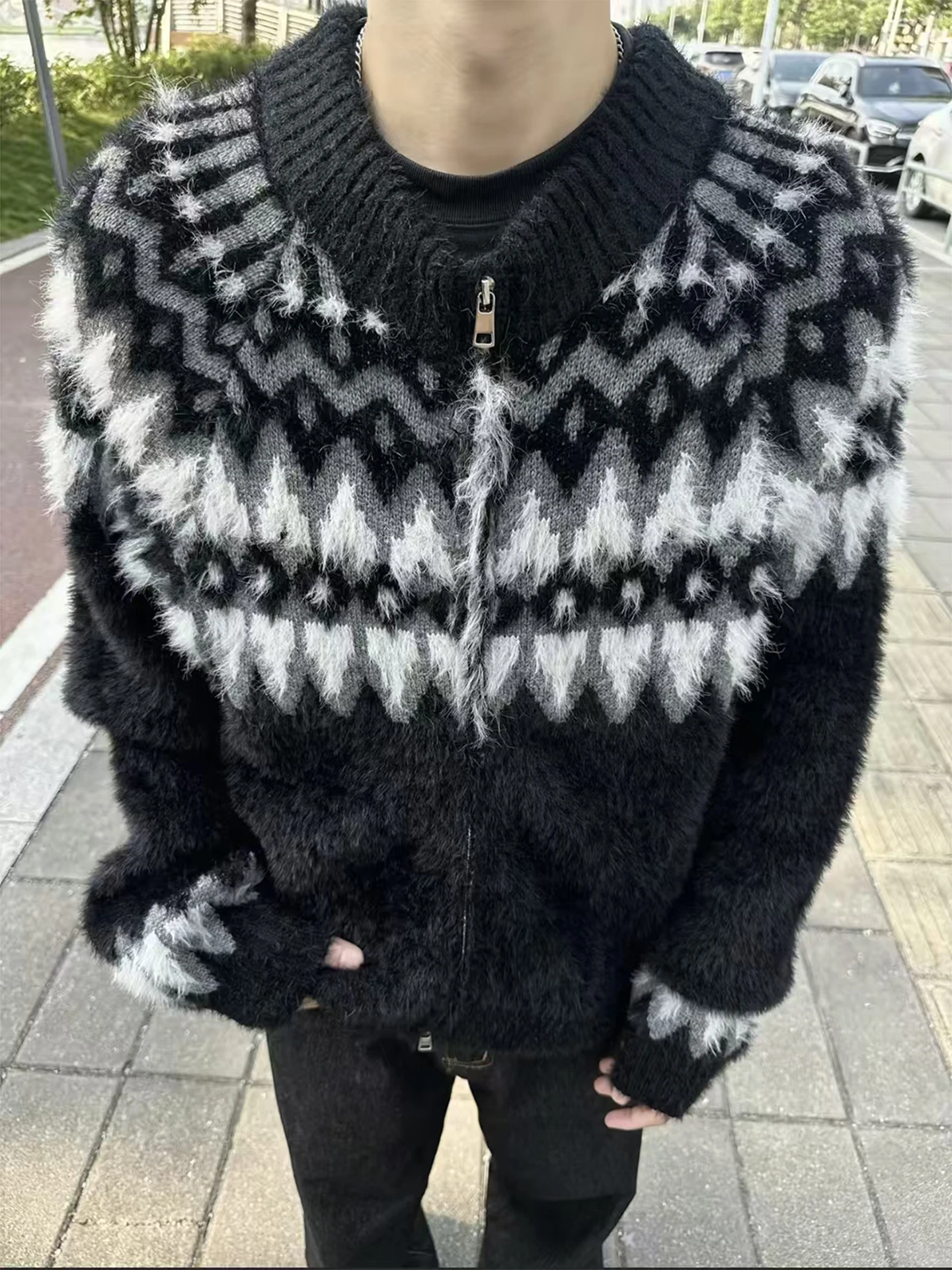 

Color Blo Knitwear Jaet Men Women Loose Fit Lazy Sle Fair Isle Pattern Soft Material Vintage Feel Long Sve Zipper Cl...