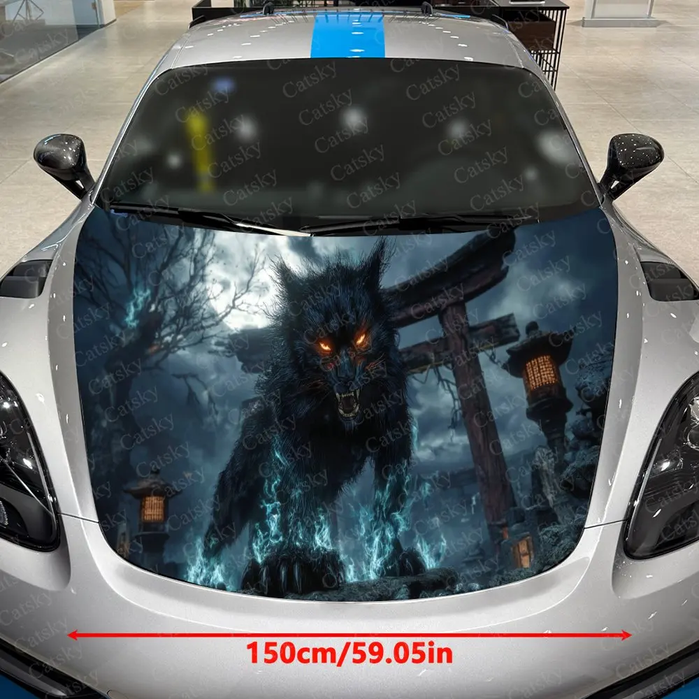Spectral Cat Thunder Rune Torii Car Vinyl Wrap, PVC Waterproof Car Hood Sticker, Self-Adhesive Scratch-Resistant Stickers