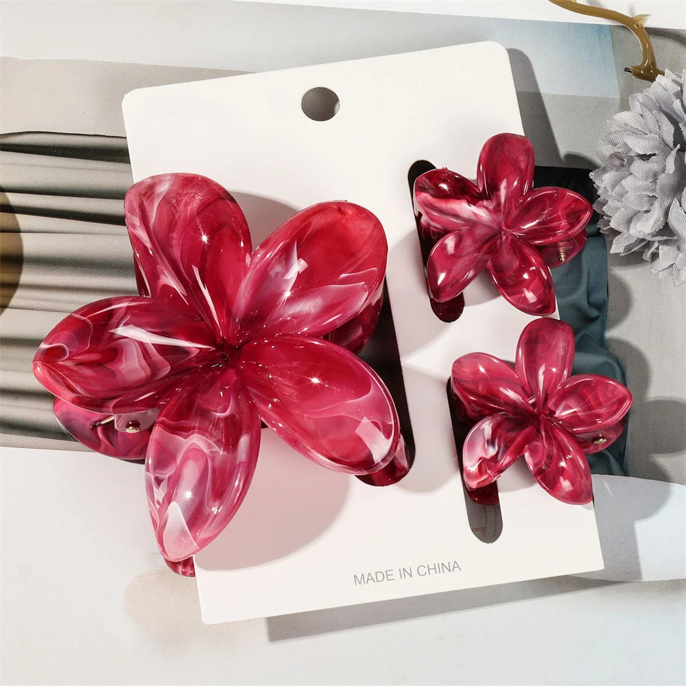 

3Pcs/set Sweet Elegant Plastic Flower Hair Clip Hawaiian Flower Claw Clips for Women Marble Vein Flower Hair Accessories