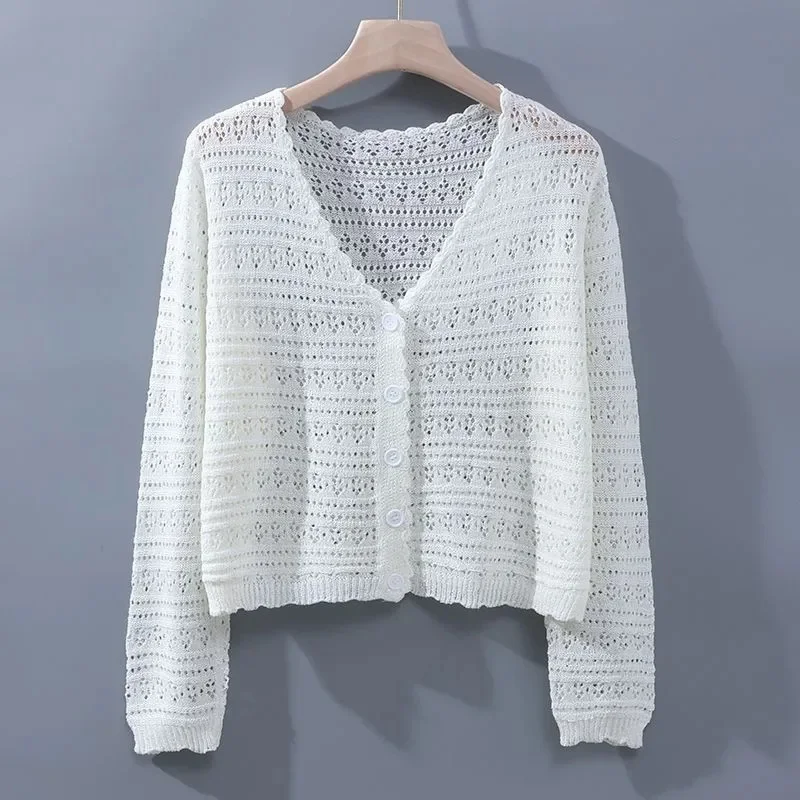 2024 New Hollow-out ice Silk Cardigan Women\'s Spring Summer Short Loose Sweater Coat Ladies Casual Single breasted Knitwear Tops