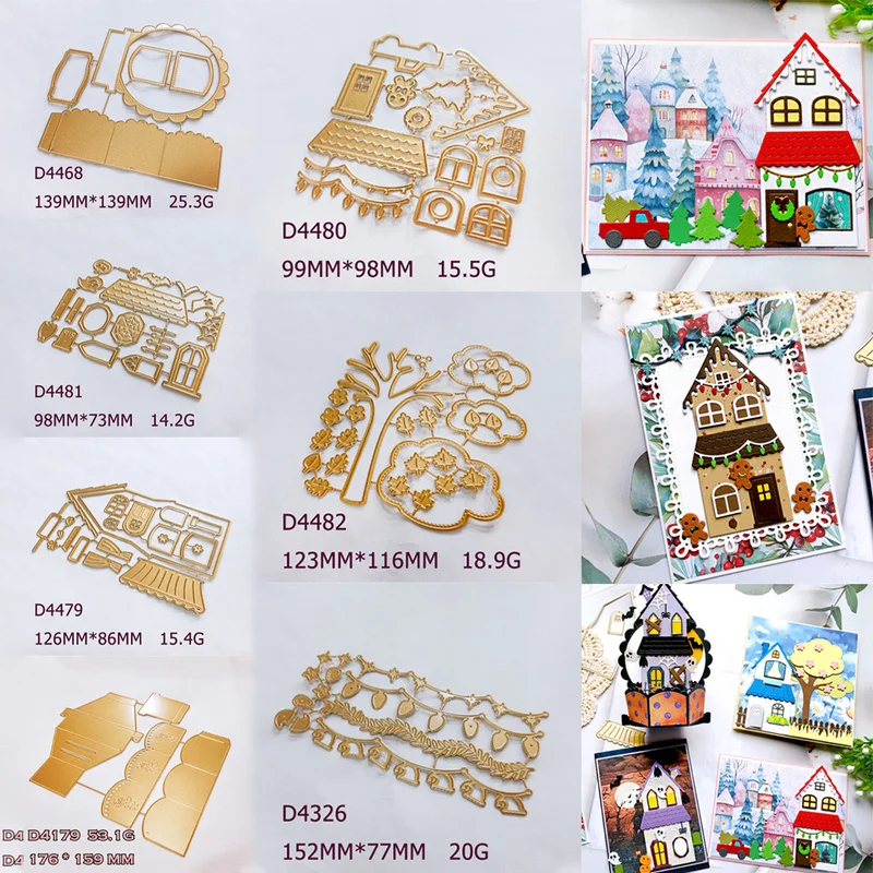 House Cottage Tree Garland Metal Cutting Dies Carbon Steel Die Cuts Stencil for DIY Scrapbooking Journal Christmas Card Making