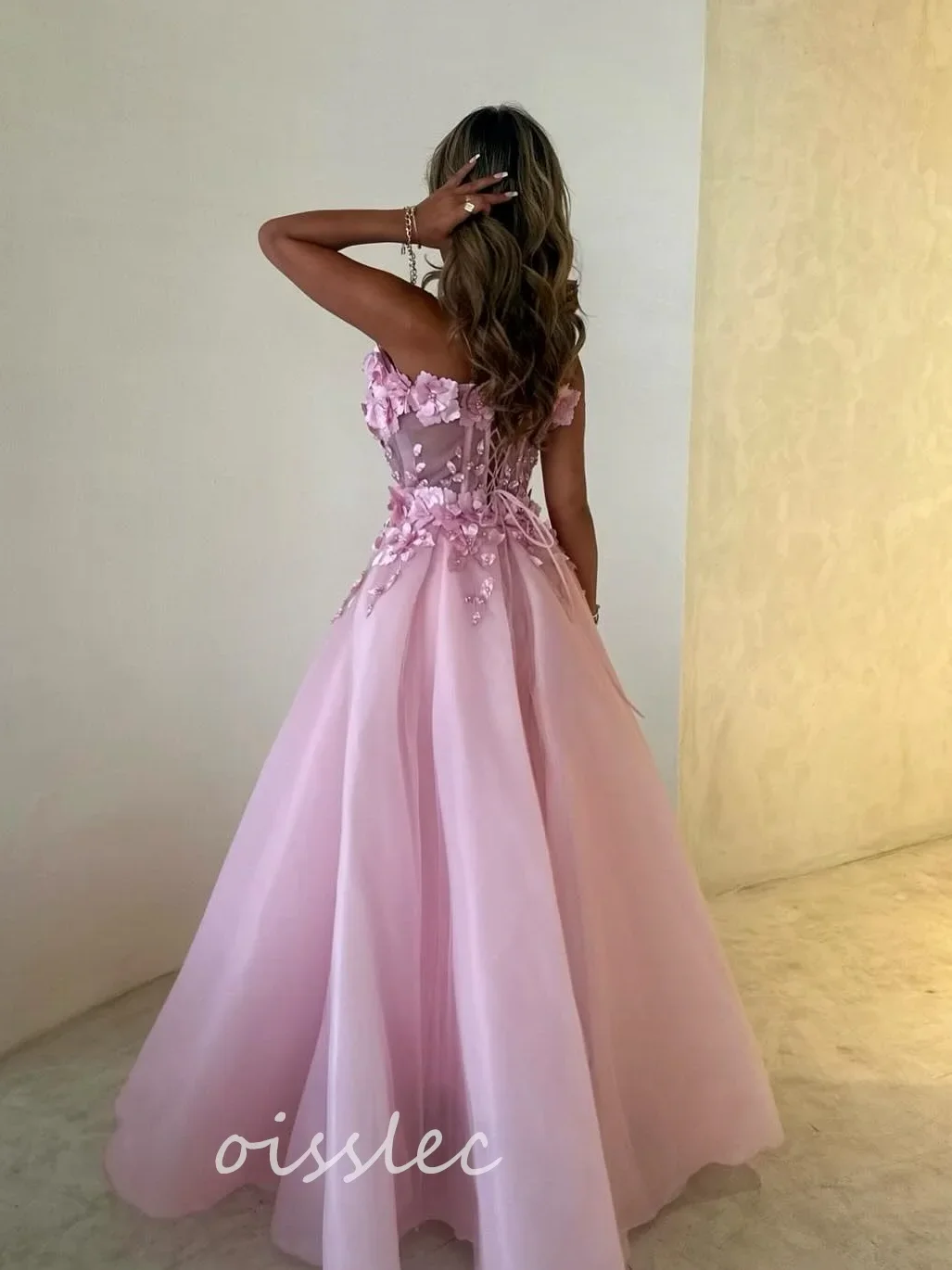 Oisslec Strapless Prom Dresses Handmade Flowers Wraps Zipper Back Evening Dress Long Maid of Honor Birthday Party Gowns