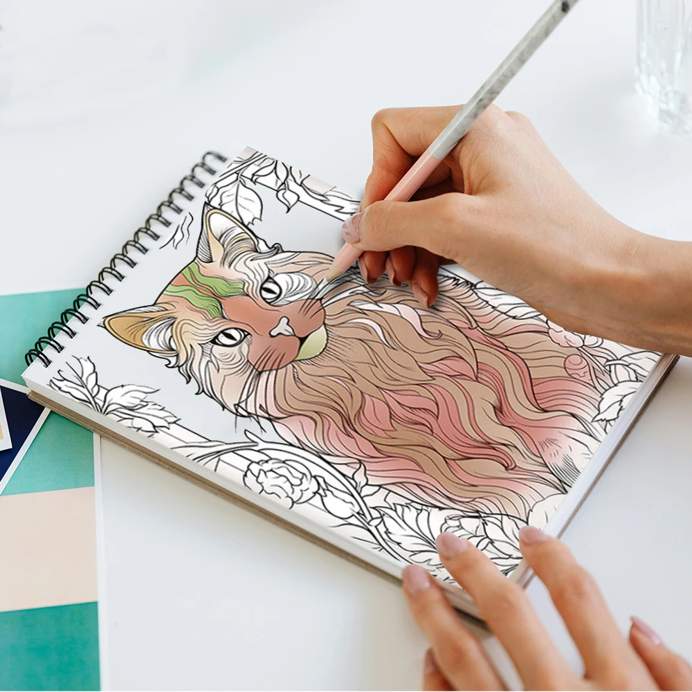 كتاب تلوين قطة الشفاء، مطبوع للكبار، من جانب واحد، 30 صفحة، فن يدوي الصنع للبالغين لتخفيف القلق والاكتئاب