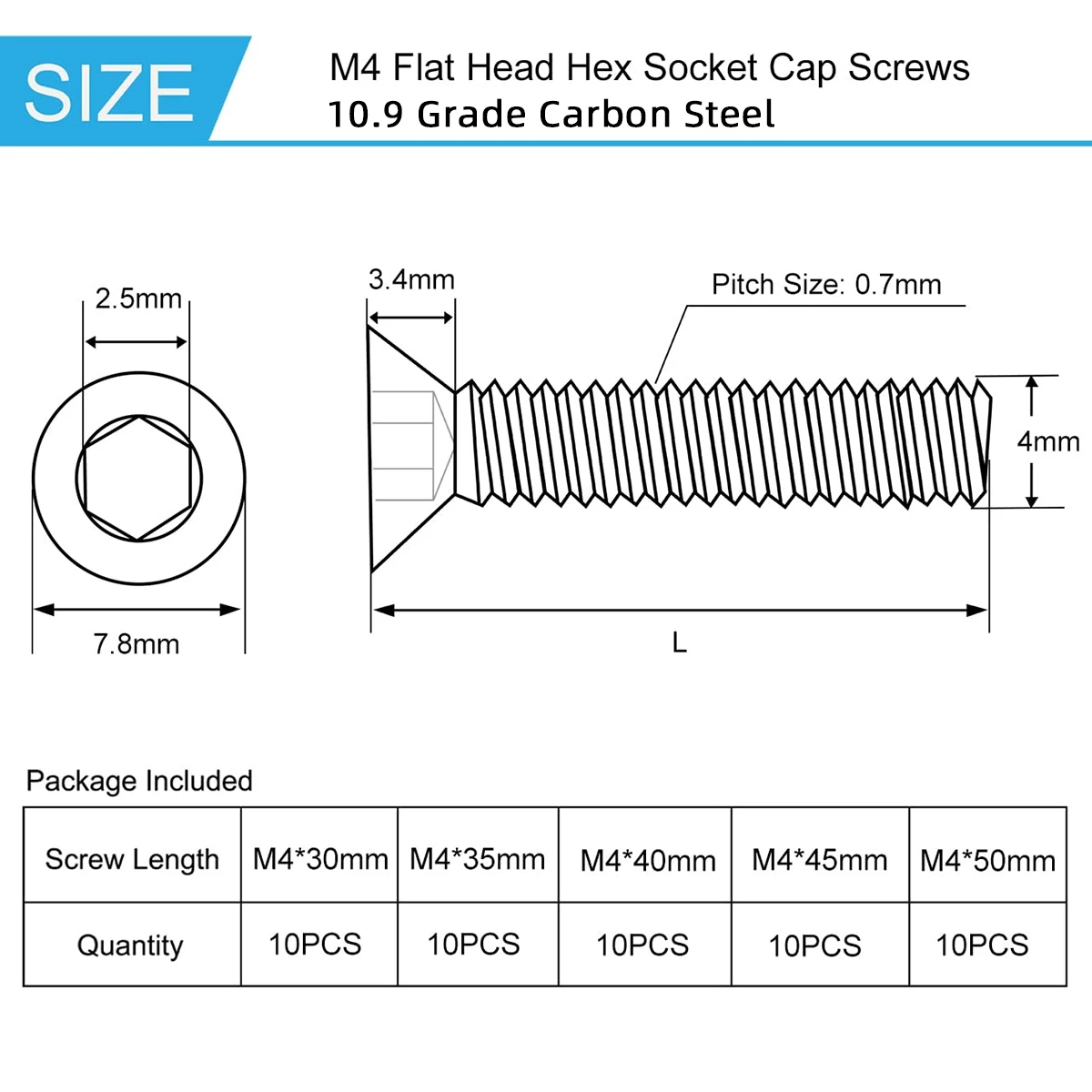50Pcs M4x30/35/40/45/50mm Flat Head Hex Screw Countersunk Head Bolt, Grade 10.9 Carbon Steel