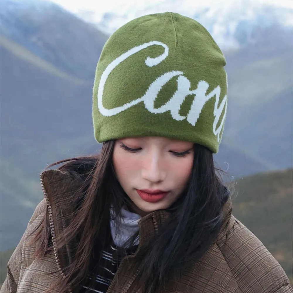 Men Beanie Kpop Letter Hat Y2k Black Knit Hip Hop Streetwear Wool Winter Korean Fashion Pullover Accessories Jacquard Women Cap