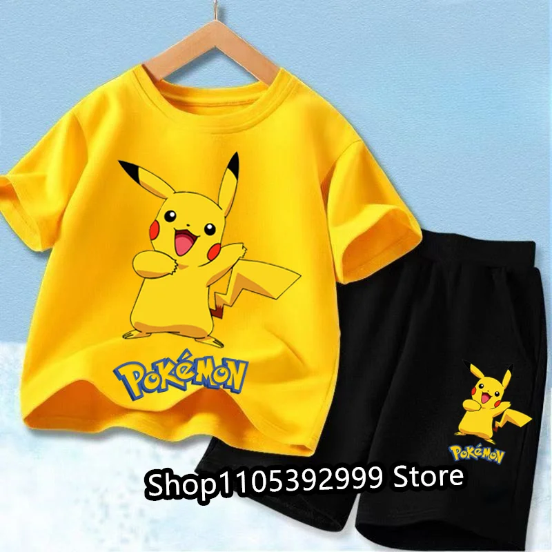 kids Pokemon Toddler T-shirt Two-piece 3-12Yrs Summer Anime Pikachu Boys Girls Short-sleeved+Shorts Casual Coat Travel Party Set