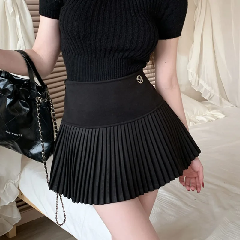 2024 New Spring Summer Hotsweet Girl Woolen Pleated Short Skirts For Women Korean Fashion Sweet A-line High Waist Mini Skirt