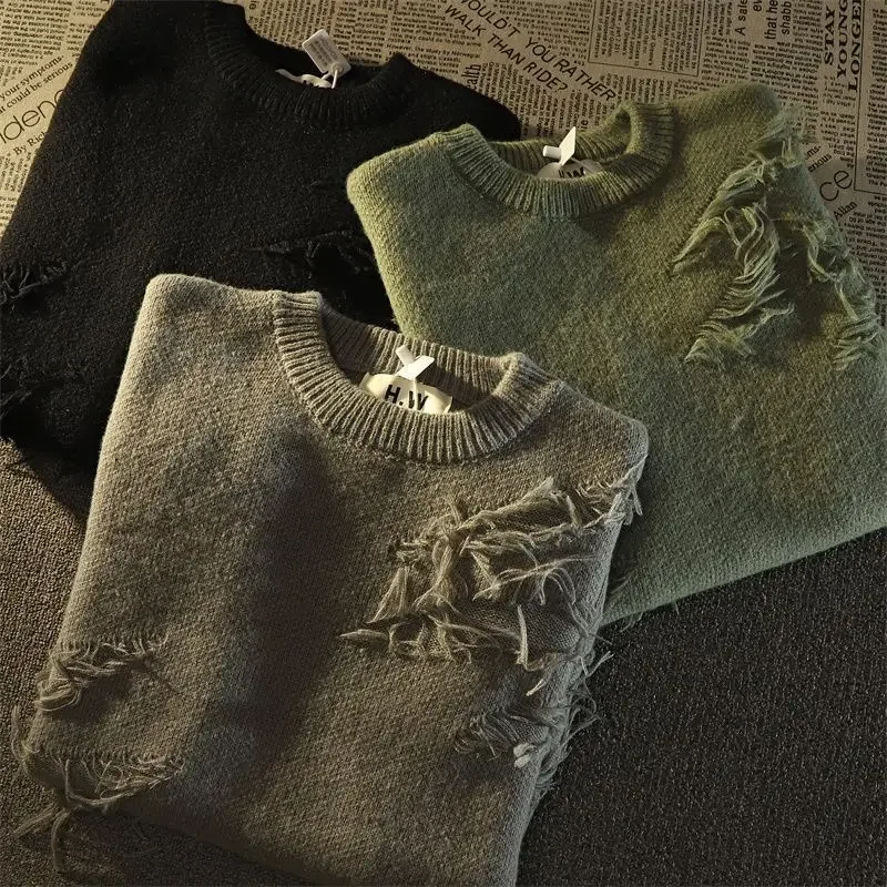 Winter Autumn y2k Streetwear Men New Retro Hole Fringed Sweater Loose Versatile Sweater For Men And Women Long Sleeve Sweater