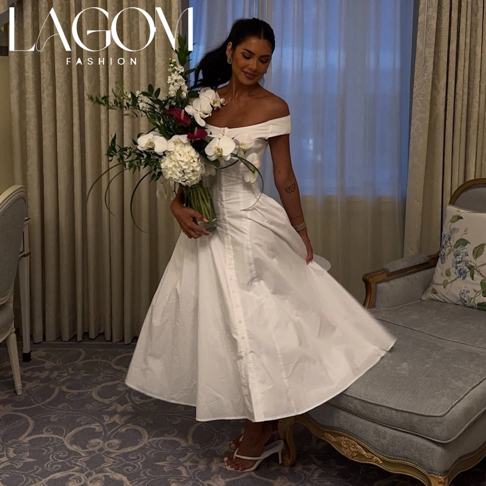 Lagom Elegant White Off The Shoulder Midi Dress A‑Line Cotton Formal Simple Short Wedding Bridal Vestido de novia Customized