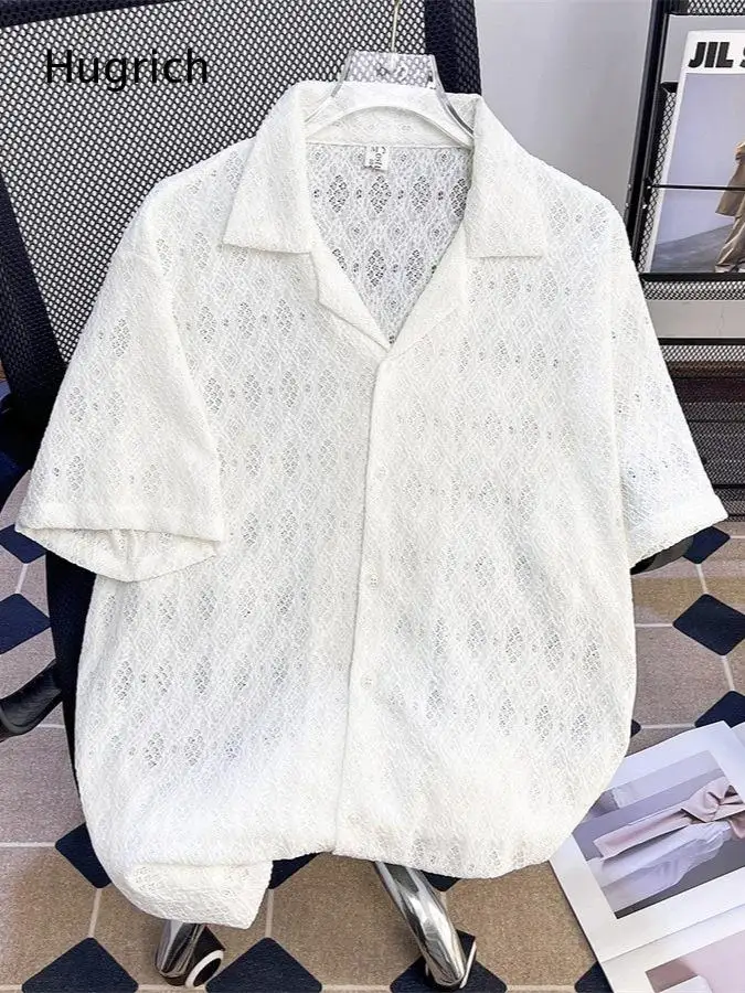 Hollow Diamond Lace Jacquard Camp Collar Shirt Summer Beach Mens Oversized Breathable Casual Blouse