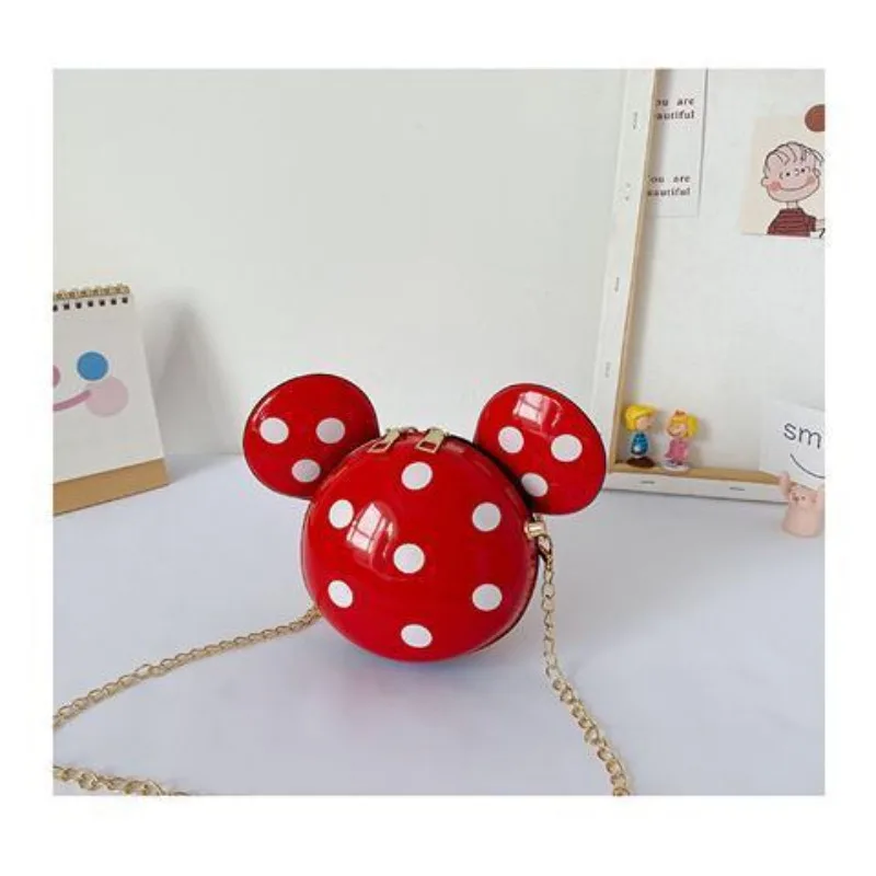 Disney Mickey Mouse Cartoon Doll Shape Polka Dot Print PU Zipper Small Round Bag Children’s Fashion Princess Style Crossbody Bag