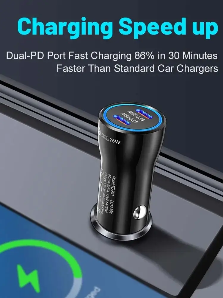 75 W 2-Port-USB-C-Autoladegerät mit PD30W PD45W Schnellladung Typ-C-Auto-Stecker-Feuerzeug-Adapter für Telefon