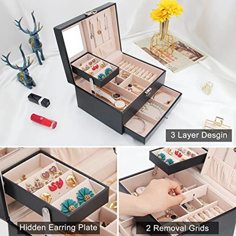 Girls Jewelry Box Medium Jewelry Organizer With Lock Adjustable Compartment For Stud Earrings Bracelet Necklace