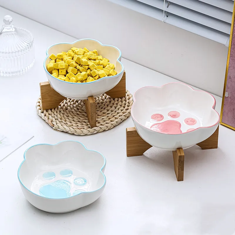 Pet Drinking Bowl Cat Paw Shape Pet Ceramic Bowl with Bamboo Stand Cat Bowl Dog Bowl Food Container Cat and Dog Feeding Supplies