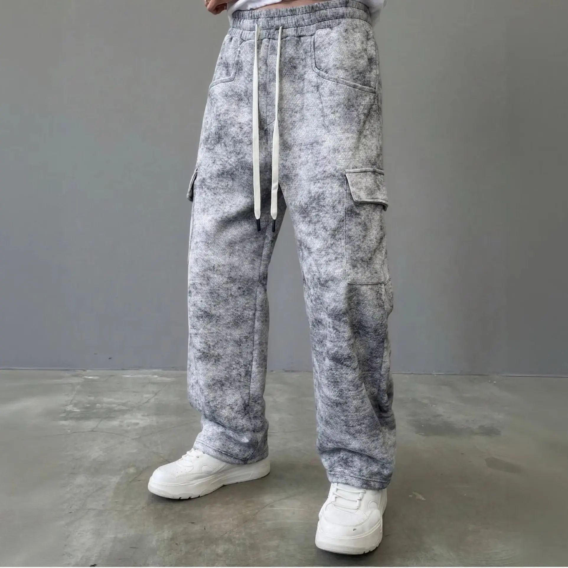 Casual Men Tie‑Dye Print Cargo Straight Trousers Multi‑Pocket Elastic Waist White Drawstring Loose‑Fit Male Streetwear Pants